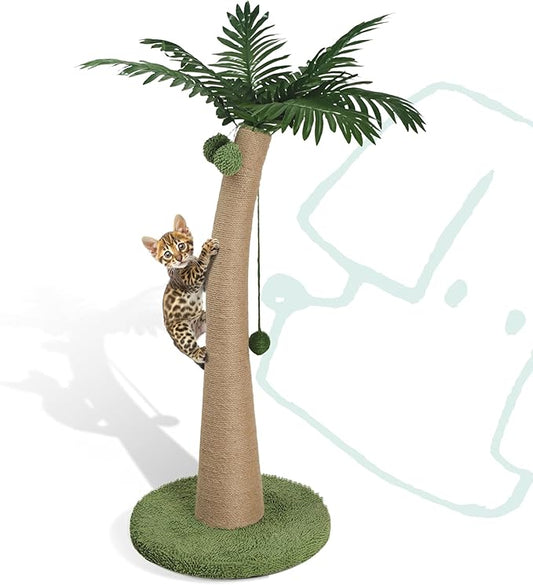 33" Tall Cat Scratching Post, Natural Jute Cat Scratcher for Indoor Cats, Coconut Tree Design with Hanging Toy Ball & Rest Platform, Stable Furniture Protector for Kittens & Adult Cats, S