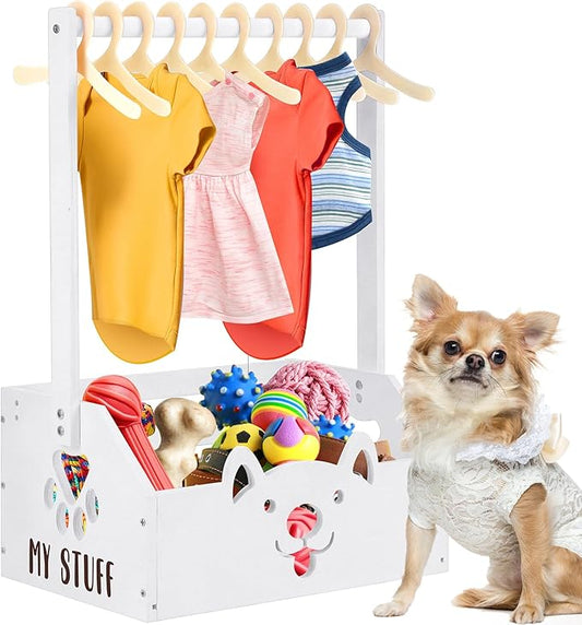 Chunful Dog Closet Wooden Pet Wardrobe Closet Dog Toy Storage Bin with Handle Pet Clothes Rack for Cat Organization and Storage Accessories, 19" x 13" x 9" (White)