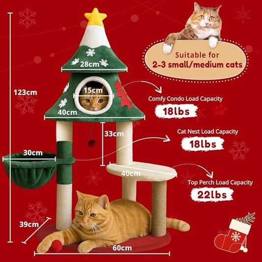LUCKLIFE 48" Christmas Cat Tree with 2 Cozy Houses,Indoor Modern Cats Tower with Anti-Tip Kit,Plush Perches & Hanging Balls,Holiday Cat Climbing Furniture for Kittens to Play and Sleep