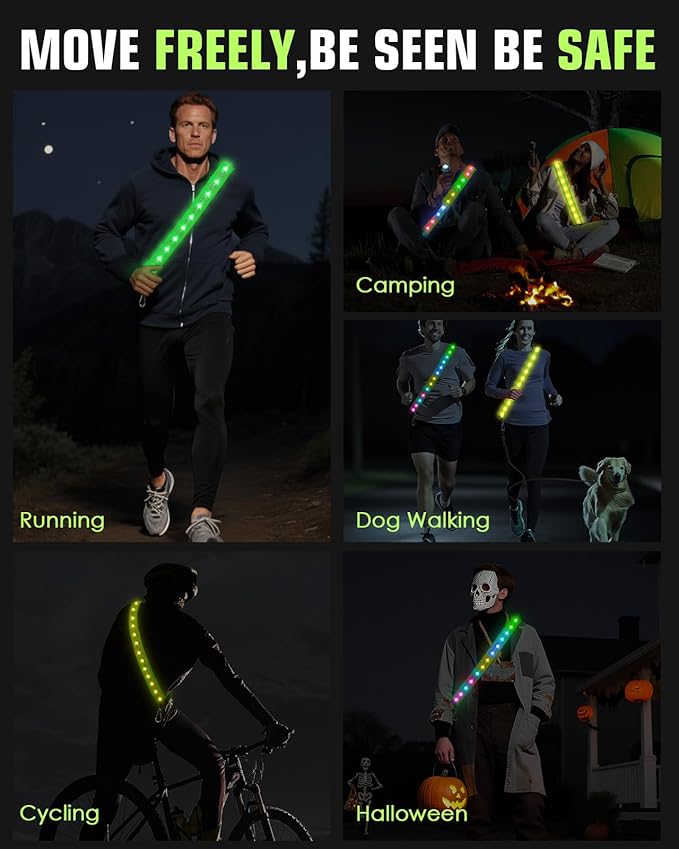 Zacro LED Reflective Sash Light Up Vest for Night Walking with 5 Colors & 3 Light Modes, Rechargeable High Visibility Neon Safety Gear for Men Women Dog Walking