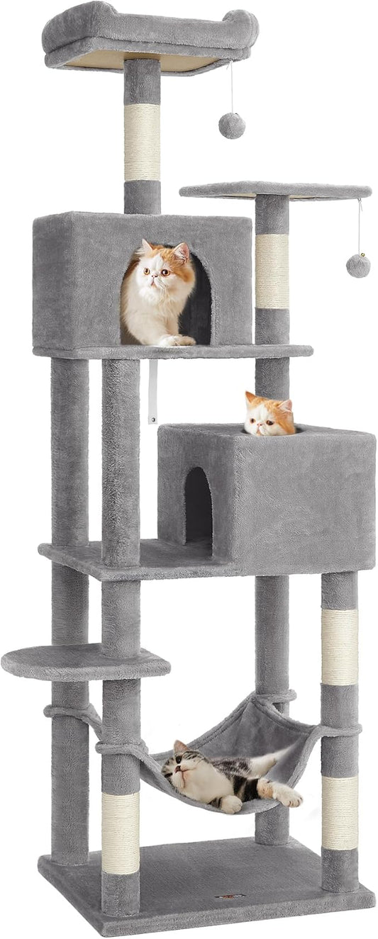 Feandrea Cat Tree, 73.2-Inch Tall Cat Tower, Plush Multi-Level Condo with 5 Scratching Posts, 2 Perches, 2 Caves, Hammock, 2 Pompoms, Light Gray UPCT191W01