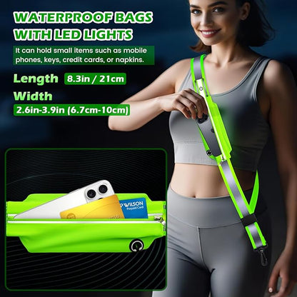 LED Reflective Belt Sash, Rechargeable LED Light Night Safety Walking Gear, High Visibility Adjustable Reflective Gear for Runners Walkers Cyclists at Night (Green)