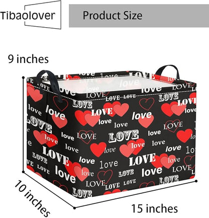 Rectangular Valentines Basket for Home Kitchen Girls Cute Kids Storage Bin Organizer Shelf Book Room Decor(Black Red Love)