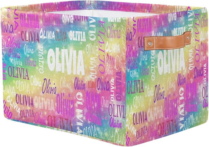 Personalized Name Storage Basket with Handles, Canvas Storage Bins Toys Clothes Organizer for Bedroom, Kitchen, Bathroom, Nursery, Shelves, Closets, Gradient Colorful Pink Yellow Green with Stars
