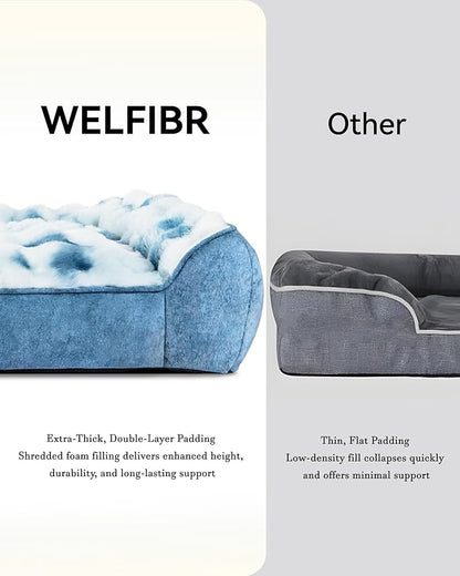 42” Dog Bed with Shredded Foam Filling, Calming Pet Sofa with Removable Washable Cover, Soft Faux Fur Bolster Couch for Dogs, Anti-Slip Bottom