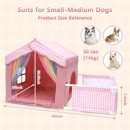 Cute Pink Princess 26 * 26 * 26.8" Dog House Bed for Pets Dogs Cats with Playpen, Cozy Confortable Puppy Cat Rabbit Kennel Bed Playhouse Tent w/Washable Cushion, Holds Up to 50lbs Pets