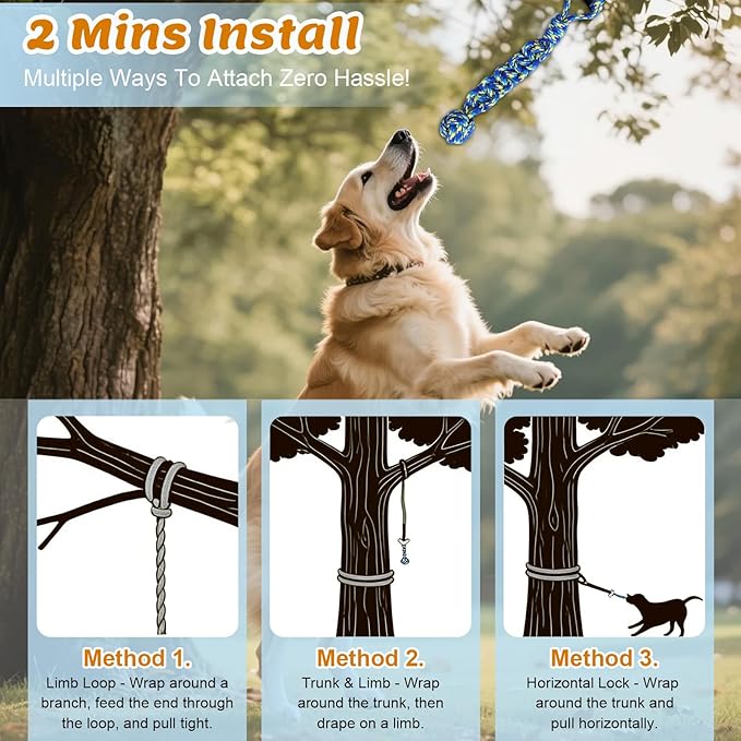 Interactive Dog Bungee Tug Toy Outdoor Hanging Tree Dog Rope Toy with Black Sun-Resistant Rope & Blue Pull Ball Adjustable Tether Tug for Small to Large Dogs Yard Play