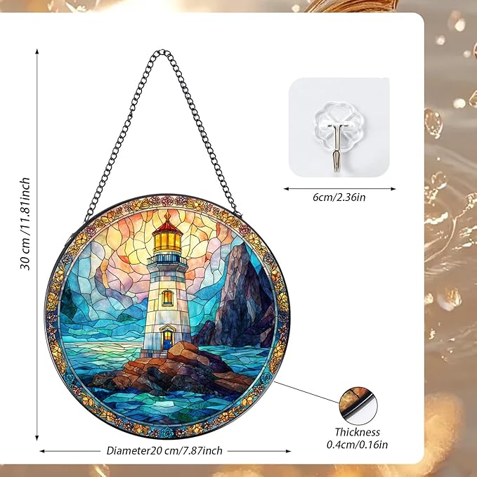 Stained Glass Window Hanging, 7.8″ Pauyadu Lighthouse Sun Catchers with Hook Indoor Window Decor, Decorative Suncatchers Hanging Ornaments Home Garden Art Gift for Housewarming