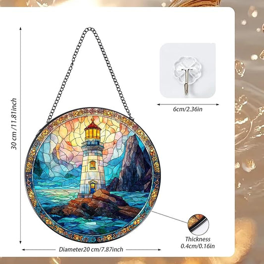Stained Glass Window Hanging, 7.8″ Pauyadu Lighthouse Sun Catchers with Hook Indoor Window Decor, Decorative Suncatchers Hanging Ornaments Home Garden Art Gift for Housewarming