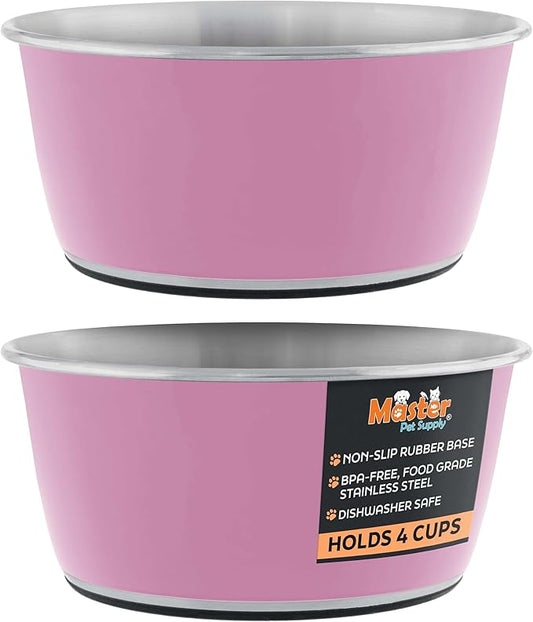 Master Pet Supply Stainless Steel Dog Bowls Set of 2 (32 Oz Each) with Non-Slip Rubber Base - Hyper Pink - Basic Dog Food Bowl Water & Food Bowls for Small Medium Large Dogs & Cats, Metal Dish