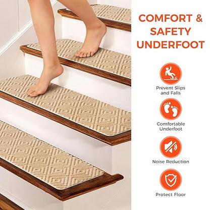 BAGAIL 15 Pack Non-Slip Stair Treads for Wooden Steps, 8"x30" Peel and Stick Carpet Stair Runners, Machine Washable Indoor Step Covers with No-Residue Adhesive for Dogs, Kids & Elderly - Beige