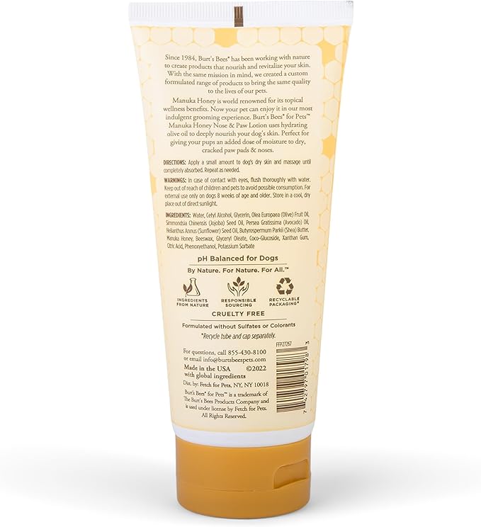 BURT'S BEES FOR PETS Paw & Nose Lotion for Dogs with Manuka Honey and Olive Oil, Soothes Dry Dog Paws -Naturally Derived Ingredients, 6 Oz