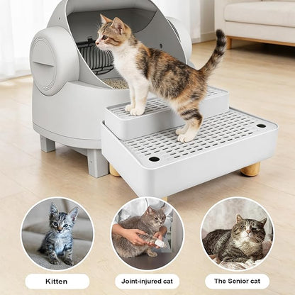 Adjustable 2 Steps Litter Box Ramp, Cat Litter Catcher Mat with Wooden Feet, Filter Function, Litter Box Step for Small & Elderly Cats, Fits Automatic Litter Boxes (Light Grey)