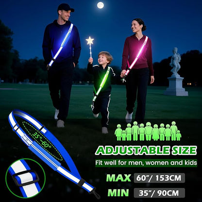 LED Reflective Belt Sash, Rechargeable LED Light Night Safety Walking Gear, High Visibility Adjustable Reflective Gear for Runners Walkers Cyclists at Night (Blue)