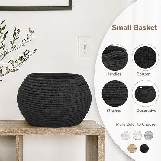 Goodpick Small Rope Storage Basket, Black Round Baskets for Socks, Dog Toys, Towels, Cute Baby Basket for Living Room, Bedroom, Nursery, Towel Baskets for Bathroom, 10 x 8.3 inches