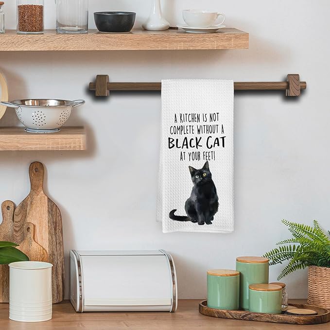 Funny Black Cat Kitchen Towels, Cat Lovers Gifts for Women, Funny Hand Towels for Bathroom Decor, A Kitchen is Not Complete Without A Blackcat Dishcloths Dish Towel forKitchen 16x24 Inches