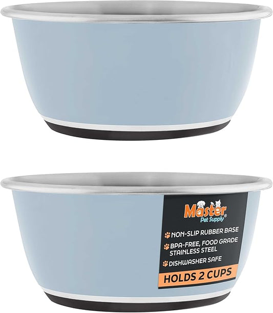 Master Pet Supply Stainless Steel Dog Bowls Set of 2 (16 Oz Each) with Non-Slip Rubber Base - Glacier Blue - Basic Dog Food Bowl Water & Food Bowls for Small Medium Large Dogs & Cats, Metal Dish