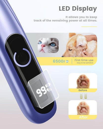 Dog Grooming Kit with LED Display, 35dB Ultra-Low Noise Dog Paw Trimmer, Cordless Hair Trimmer for Paws, Ears, Face, Rump with LED Light (Purple-Blue)