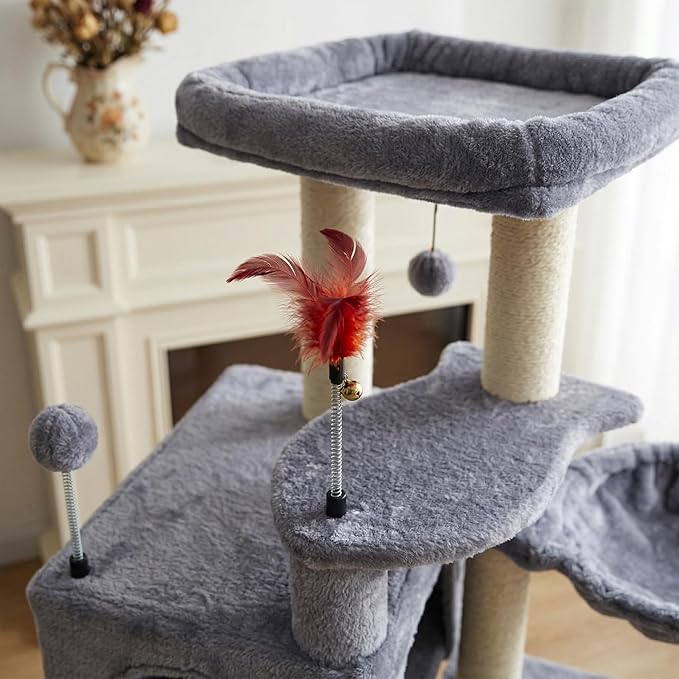 AIWIKIDE 35.4'' Multifunction Cat Tree with Cozy Hammock & Hanging Ball, Cat Tower with Activity Cat Condo & Jute-Covered Scratching Posts, Grey