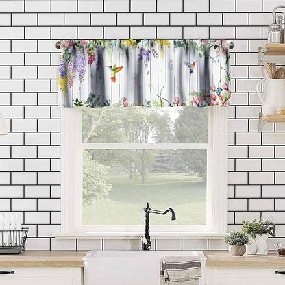 Vintage Flower Hummingbird Window Valance Curtains, Boho Watercolor Spring Bird Lavender Pink Floral Plant Valance Curtain for Farmhouse Bedroom Living Room Kitchen 54x18inch