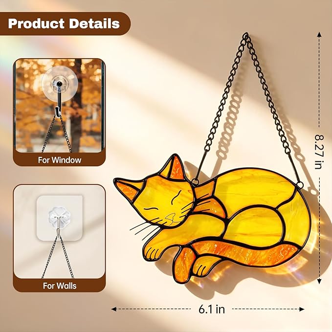 Orange Cat Memorial Suncatcher,Handmade Stained Glass Window Haninging Ornament for Home Decor,Memorial Gifts for Pet Lovers,Pet Loss Sympathy Gift