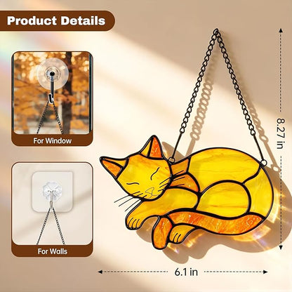 Orange Cat Memorial Suncatcher,Handmade Stained Glass Window Haninging Ornament for Home Decor,Memorial Gifts for Pet Lovers,Pet Loss Sympathy Gift