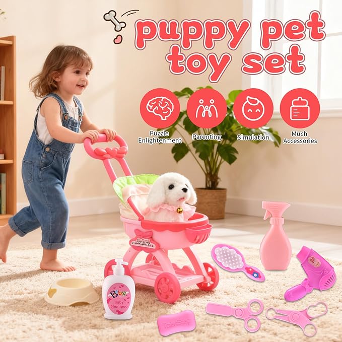 14PCS Dog Toys for Kids, Walking Barking Electronic Interactive Plush Puppy Toy with Pushcart and Accessories, Pet Care Toy Set for Kids, for Girls and Boys 3 4 5 6+ Year Old