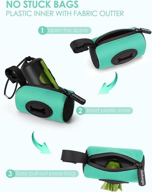 Gobeigo【Easy Pull-Out Version】 Dog Poop Bag Holder,【2-in-1 Hard Plastic Insert & Soft Fabric Bag】Snap-On Strap Dispenser Fits Retractable and Standard Leashes with 1 Roll Bags (Turquoise)