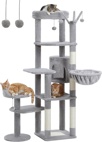 MUTTROS Cat Tree for Large Cats, 59-inch Tall Cat Tower with 3 Removable Pompom Sticks, Condo, Large Hammock, Scratching Post & 2 Perches, Grey