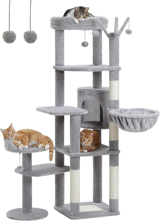 MUTTROS Cat Tree for Large Cats, 59-inch Tall Cat Tower with 3 Removable Pompom Sticks, Condo, Large Hammock, Scratching Post & 2 Perches, Grey