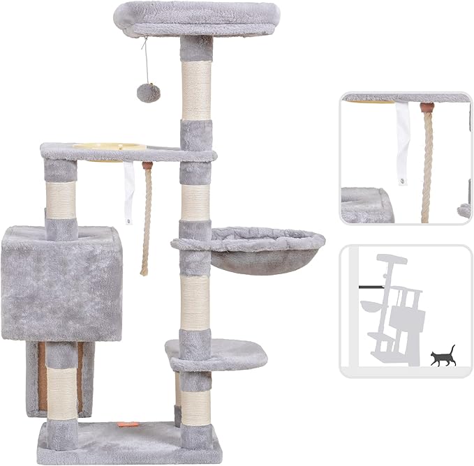 Heybly Cat Tree, Cat Tower for Indoor Cats with Scratching Board, Multi-Level Cat Furniture Condo with Feeding Bowl Light Gray HCT010SW