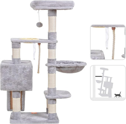 Heybly Cat Tree, Cat Tower for Indoor Cats with Scratching Board, Multi-Level Cat Furniture Condo with Feeding Bowl Light Gray HCT010SW