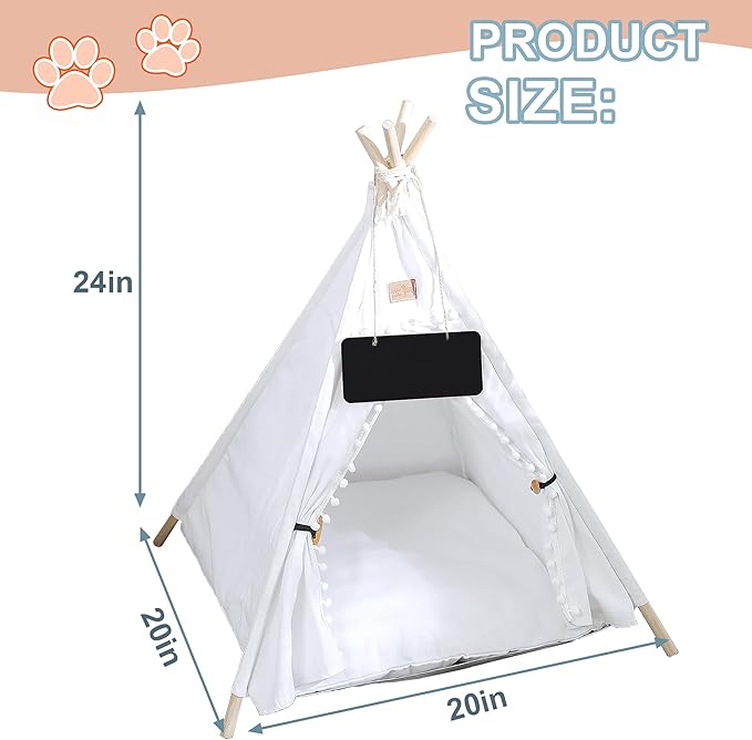 Pet Teepee, Portable Pet Tents for Small Dogs or Cats, Puppy Sweet Bed Washable Dog or Cat Houses with Cushion(White,24in)
