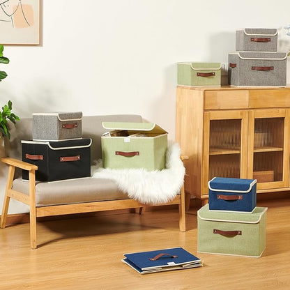 2PCS Storage Boxes with Lid Cotton Linen Fabric Storage Bins Organizer Container Decorative Collapsible Washable Shelf Closet Baskets Faux Leather Handles Home Bedroom (Deep Blue, Large)