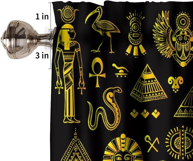 Ancient Egypt Valance Curtains Vintage Egyptian Culture Symbol Mysterious Egypt Tribal Ethnic Gold Black Window Valance Curtain for Farmhouse Bedroom Living Room Kitchen 54x18inch
