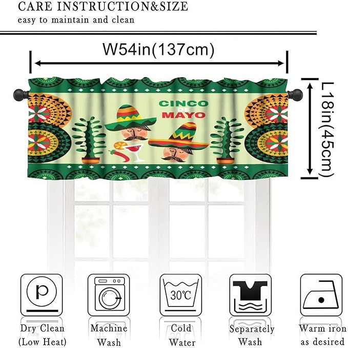Mexican Style Valances Curtain for Kitchen Cafe, Mexican Sombrero Pepper Guitar Window Treatment Valances Short Curtains Rod Pocket Drape for Dining Room Home Decor, 54x18inch