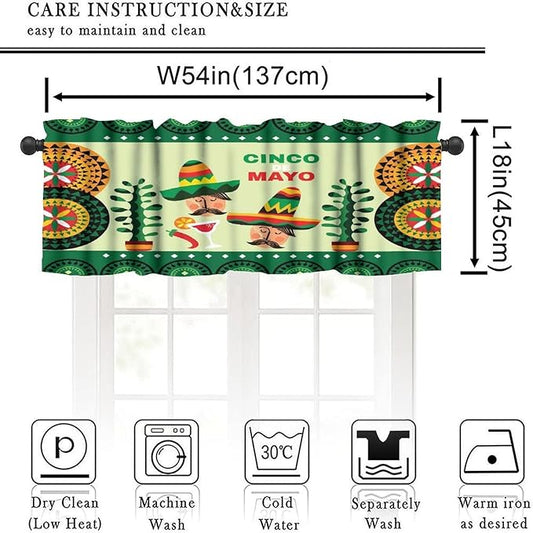 Mexican Style Valances Curtain for Kitchen Cafe, Mexican Sombrero Pepper Guitar Window Treatment Valances Short Curtains Rod Pocket Drape for Dining Room Home Decor, 54x18inch