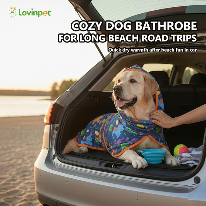 LovinPet 3‑in‑1 Dog Warm Winter Coat & Bathrobe, Hooded Dinosaur Fleece,Lightweight High‑Loft,Absorbent Knit, Quiet Hook‑and‑Loop, Wind‑Blocking Edges,Dog Robes for Medium & Large Dogs, Teal Blue,2XL