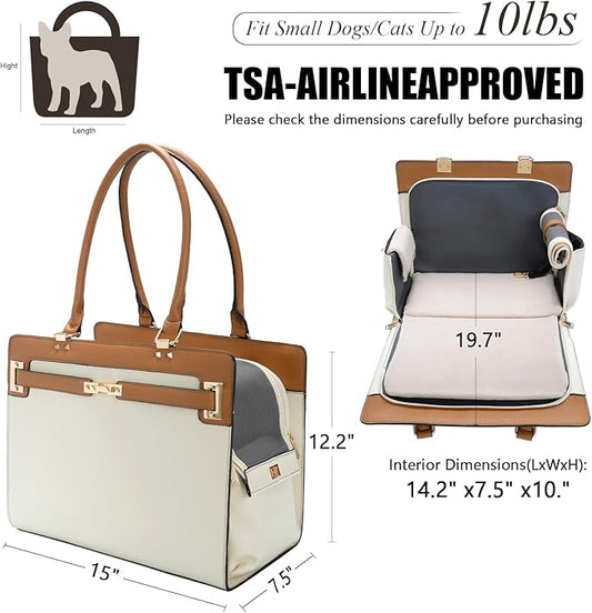 2-in-1 Stylish Dog Purse Carrier Soft-Sided Carriers Travel Tote Bag for Small Dogs Cats, Fashion Foldable Pet Bag for Puppies Small Animals with Pockets (Beige+Brown, 15" L x 7.5" W x 12.2" H)
