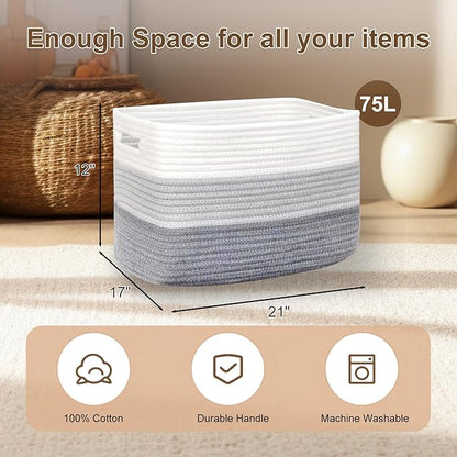 Laundry Basket with handle - 21"×17"×12" Rectangle woven Cotton Rope blanket basket,storage basket for Blankets,Baby Toys & Clothes (Fits Bathroom,Nursery, bedroom,Living Room) (Gradient Grey)