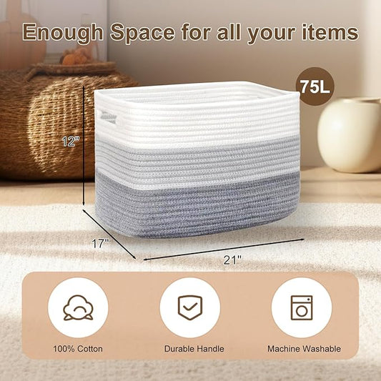 Laundry Basket with handle - 21"×17"×12" Rectangle woven Cotton Rope blanket basket,storage basket for Blankets,Baby Toys & Clothes (Fits Bathroom,Nursery, bedroom,Living Room) (Gradient Grey)