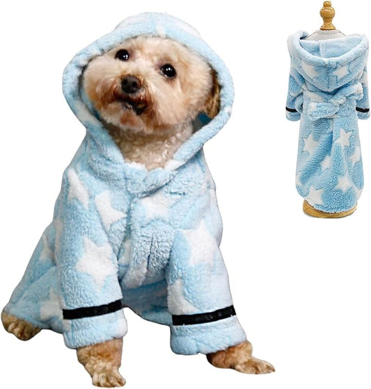 Small Dog Bathing Towel, Adjustable Dog Bath Robe for Cold Weather, Puppy Pajamas Warm Flannel Dogs Pjs, Pet Coats for Small Dogs Blue Stars XL