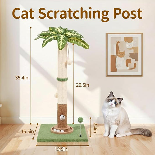 Tall Cat Scratching Post Vertical Pole for Indoor, 35" Palm Tree Sisal Scratch Post for Large Cats & Kittens, Heavy Duty Wooden Carpet Pole with Ball Track Leaves, Furniture Protection