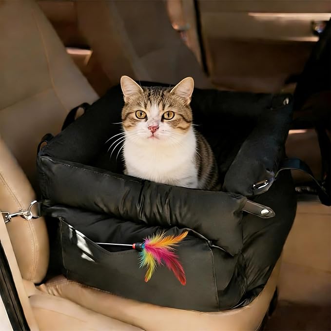 Garvee Dog Booster Car Seat, Waterproof PU Leather Upholstered Cat Bed for Car with Storage Pockets Portable Pet Seat, Bite-Resistant Pet Carrier Bag for Travel and Home, Black