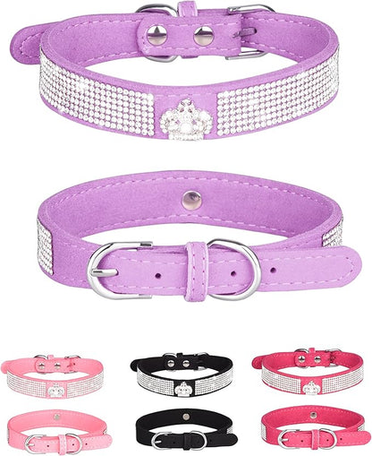 Bling Dog Collar for Small Medium Large Dogs, Crown Rhinestone Dog Collars for Girl and boy Dog, Diamond Puppy Collars, Adjustable Leather Suede SOFE Cat Collar (M(13"-15.4"/33CM-39CM), Purple)