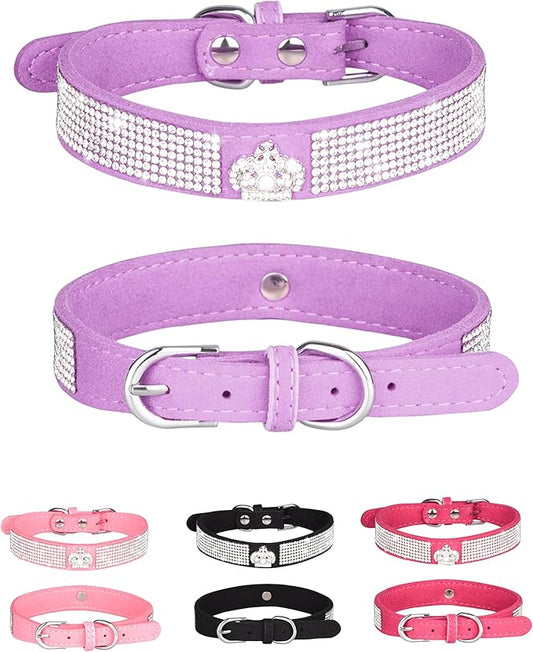 Bling Dog Collar for Small Medium Large Dogs, Crown Rhinestone Dog Collars for Girl and boy Dog, Diamond Puppy Collars, Adjustable Leather Suede SOFE Cat Collar (M(13"-15.4"/33CM-39CM), Purple)
