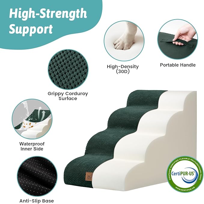 Wide Dog Stairs for Small Dog 19.7" H, Pet Step for Puppy, Older Cat, Curved Ramp for Bed, Durable Anti-Slip Ladder with High Density Foam, 4 Step, 17.7x28x19.7 inch, Dark Green