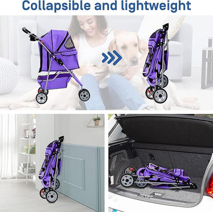 Best 3 Wheels Pet Stroller for Dog Stroller Cat Stroller, Lightweight & Foldable Pet Jogger Stroller, Carrier Strolling Cart W/Cup Holders Removable Liner for Small and Medium Dog Cat or Pet - Purple