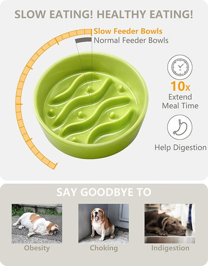 Ceramic Slow Feeder Dog Bowls for Small Dogs, 0.6 Cup Dog Slow Feeder for Fast Eater, Puzzle Maze Bowl, 14oz, 6in, Lime Green