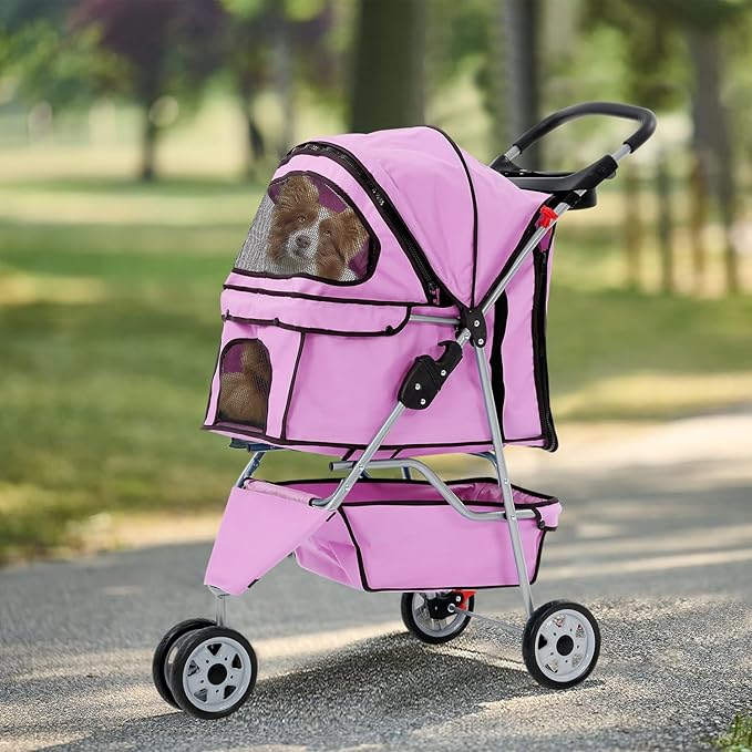 3 Wheels Dog Stroller, Foldable Pet Stroller for Small Medium Dogs, Portable Breathable Cat Stroller Dog Strollers with Storage Basket, Cup Holders, Removable Liner for Travel & Outdoor Use, Pink